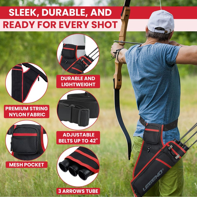 Legend حقيبة رماية السهام ليجند فيرست - حقائب رماية مستهدفة لليد اليمنى مع حزام قابل للتعديل و 3 أنابيب للسهام - فتحة T متينة و جيوب تخزين للإكسسوارات و بطاقة النتائج - أسود/أحمر - Image 3